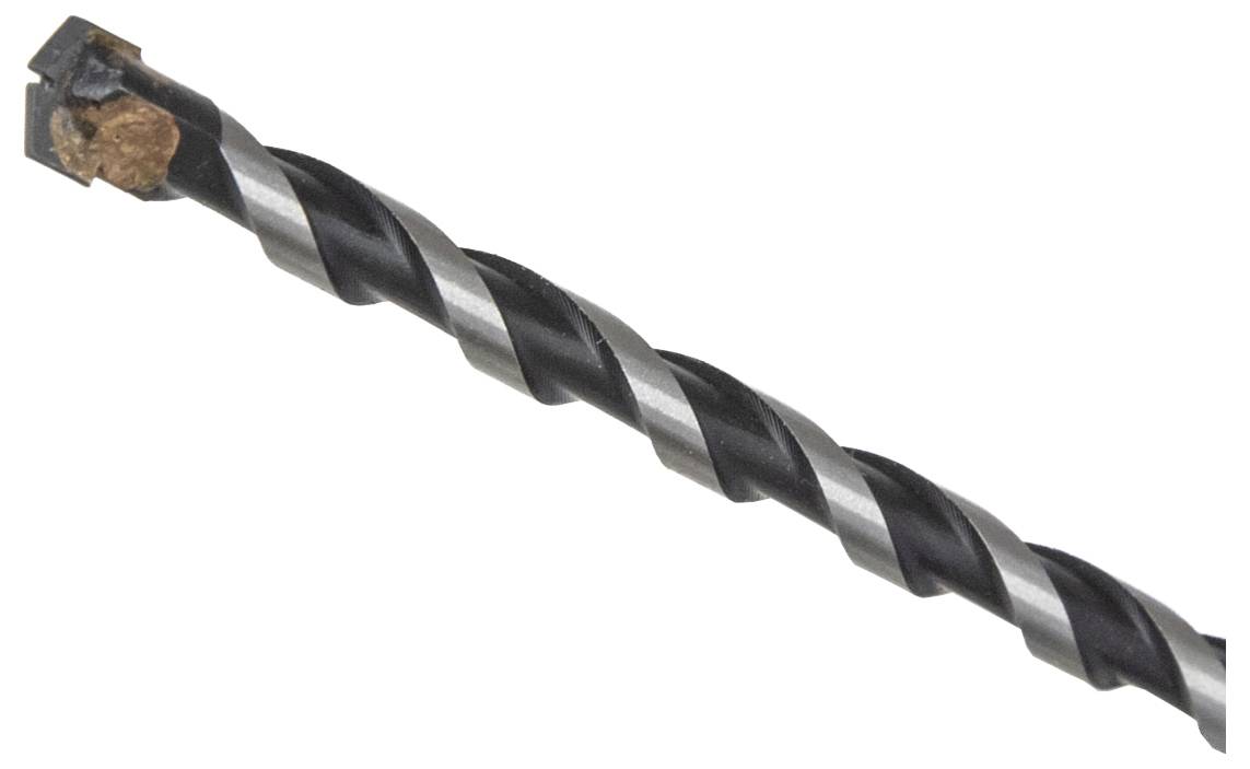 Detailný záber skrúteného čierneho a strieborného vrtáka s úlomkom dreva na jeho hrote.