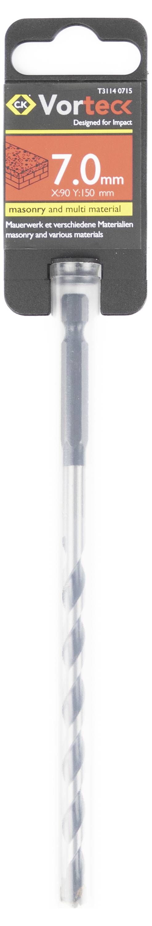 Strieborný skrútený vrták Vortex s označením '7,0 mm' pre rotačné vŕtačky, zabalený v čierno-oranžovej karte s logom značky.
