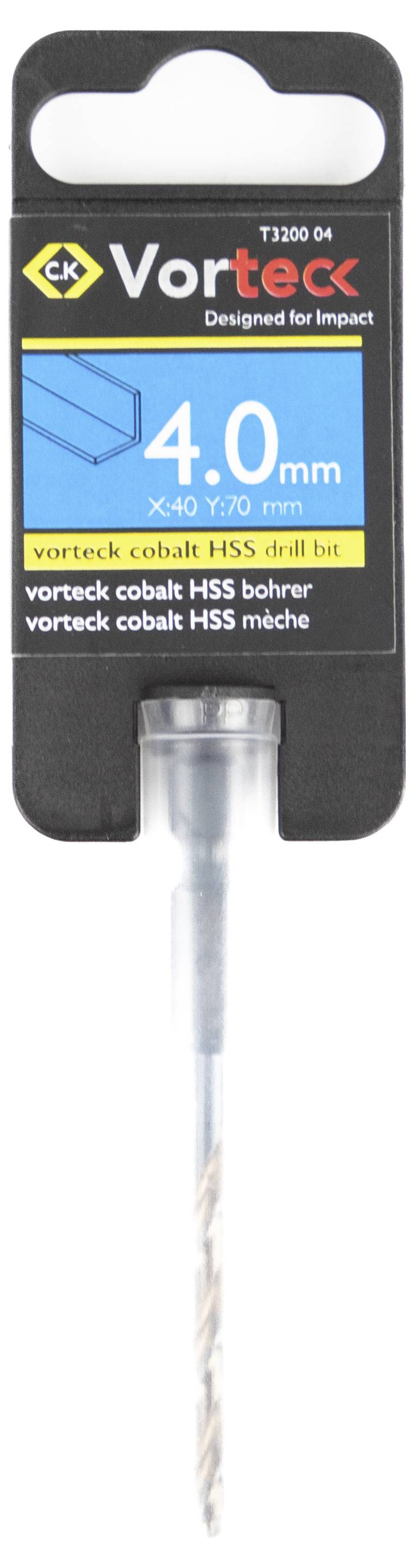 Vrtáková sada označená 'Vorteck 4,0 mm'. Navrhnutá pre príklepové nástroje, X40 1/70 mm. Obsahuje vrták z rýchloreznej ocele s podielom kobaltu.