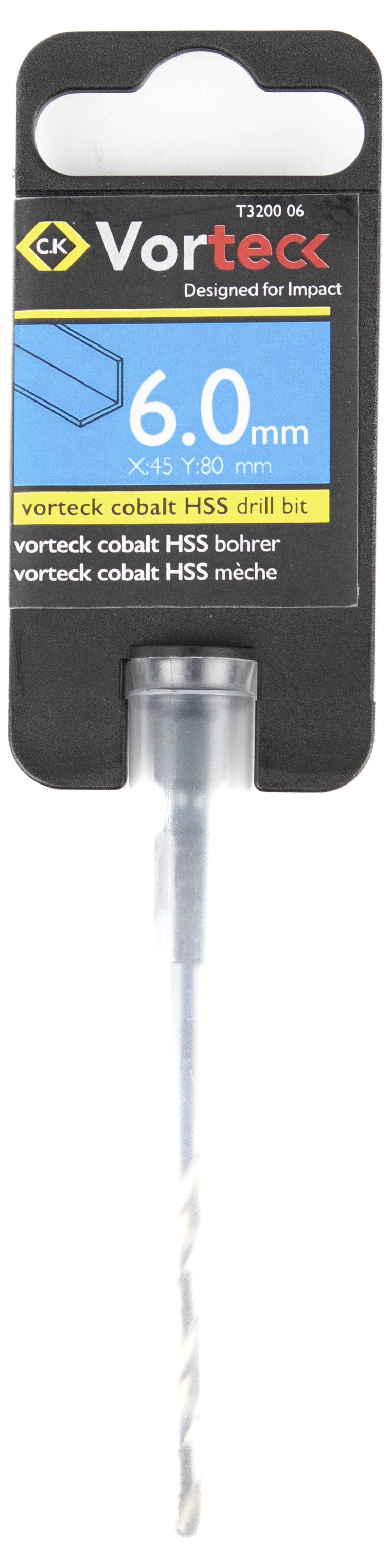 Vrtáky balené pod značkou 'VorTeck', 6,0 mm, X415 Y60 mm, určené pre príklepové nástroje. Obsahuje produktový popis vo viacerých jazykoch.
