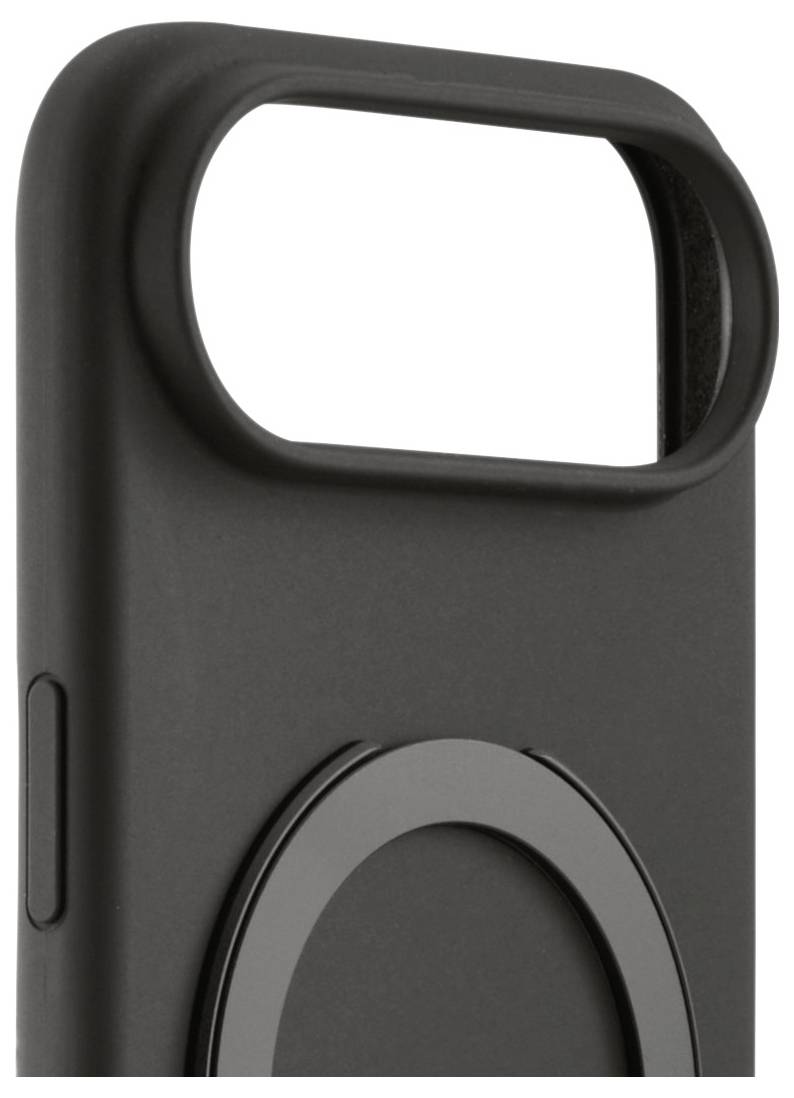 Čierny telefónny kryt s vyčnievajúcou kruhovou príchytkou a otvorom v hornej časti, pravdepodobne určeným pre objektív fotoaparátu.