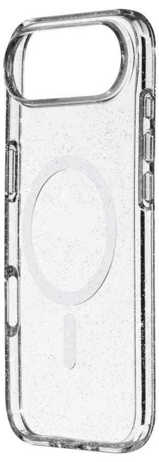 Priesvitný telefónny kryt s MagSafe krúžkom, navrhnutý pre iPhone s výrezmi pre tlačidlá a fotoaparát, prezentujúci elegantnú, minimalistickú dizajnovú koncepciu.