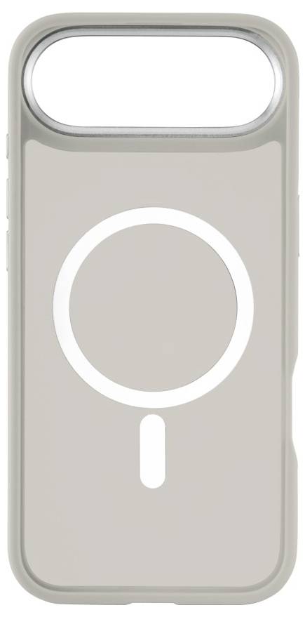 Béžový obal na telefón s bielym kruhovým symbolom MagSafe, navrhnutý pre modely iPhone s výrezom pre fotoaparát v hornej časti.