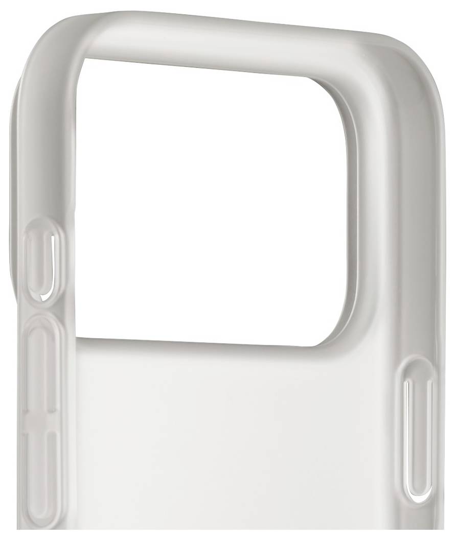 Priehľadný telefónny kryt s obdĺžnikovým výrezom pre fotoaparát, s vystuženými rohmi a hladkým povrchom.