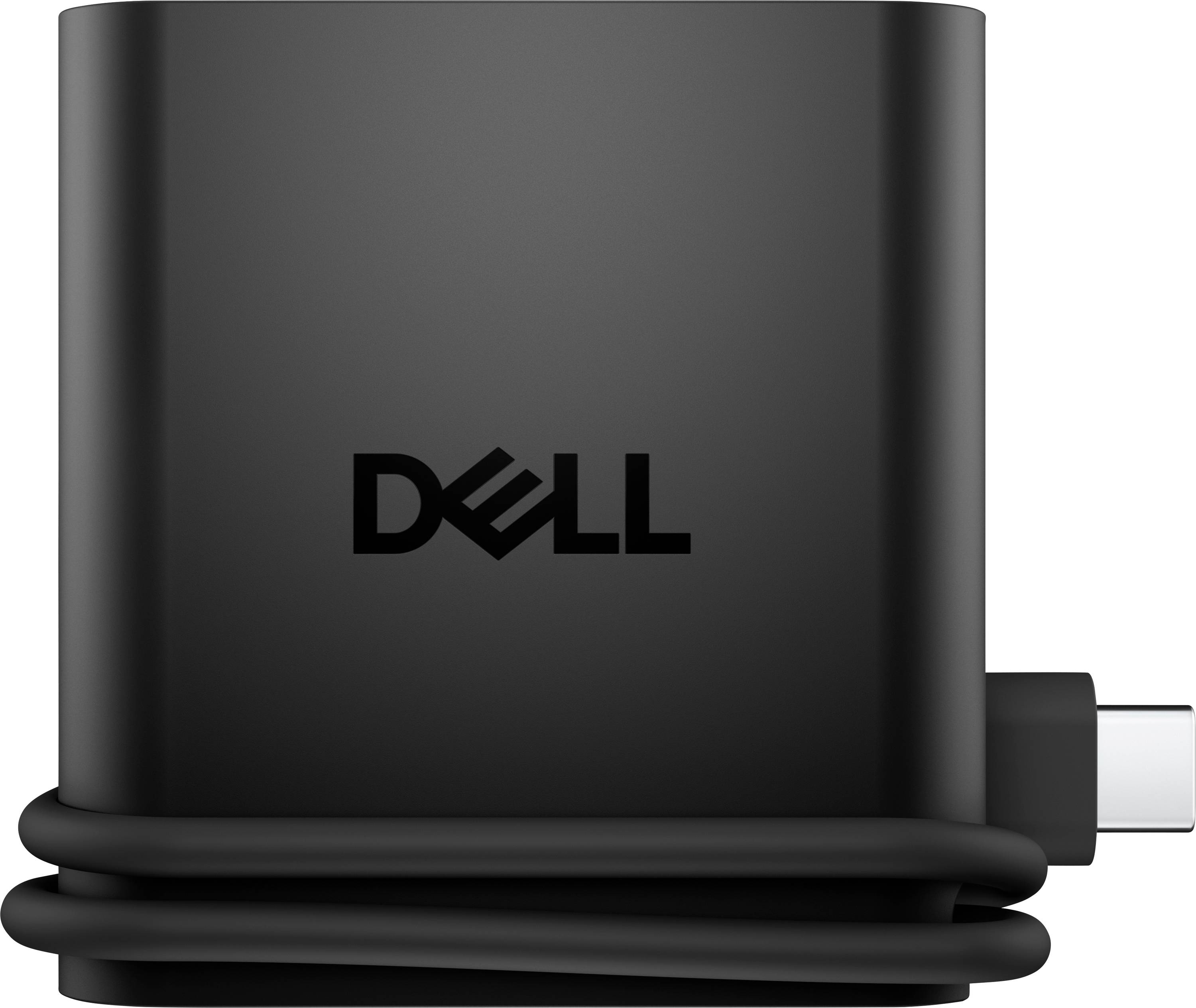 Čierny napájací adaptér Dell s vinutým USB-C káblom, na ktorom je výrazne umiestnené logo Dell.