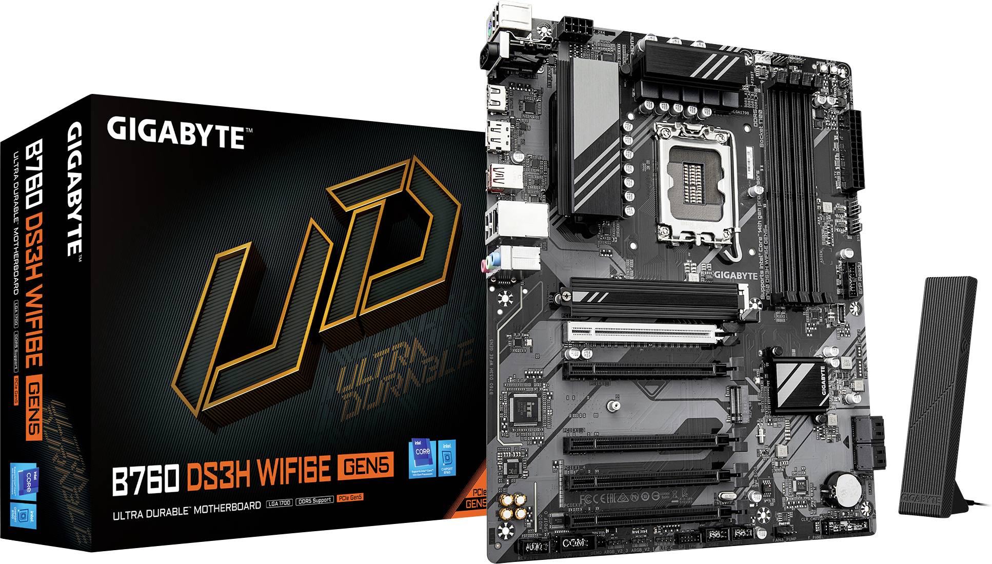 Základná doska Gigabyte B760 DS3H WiFi 6E vedľa jej originálnej obalu, zvýrazňujúca vlastnosti 'Ultra Odolné' a Wi-Fi 6E funkcie.