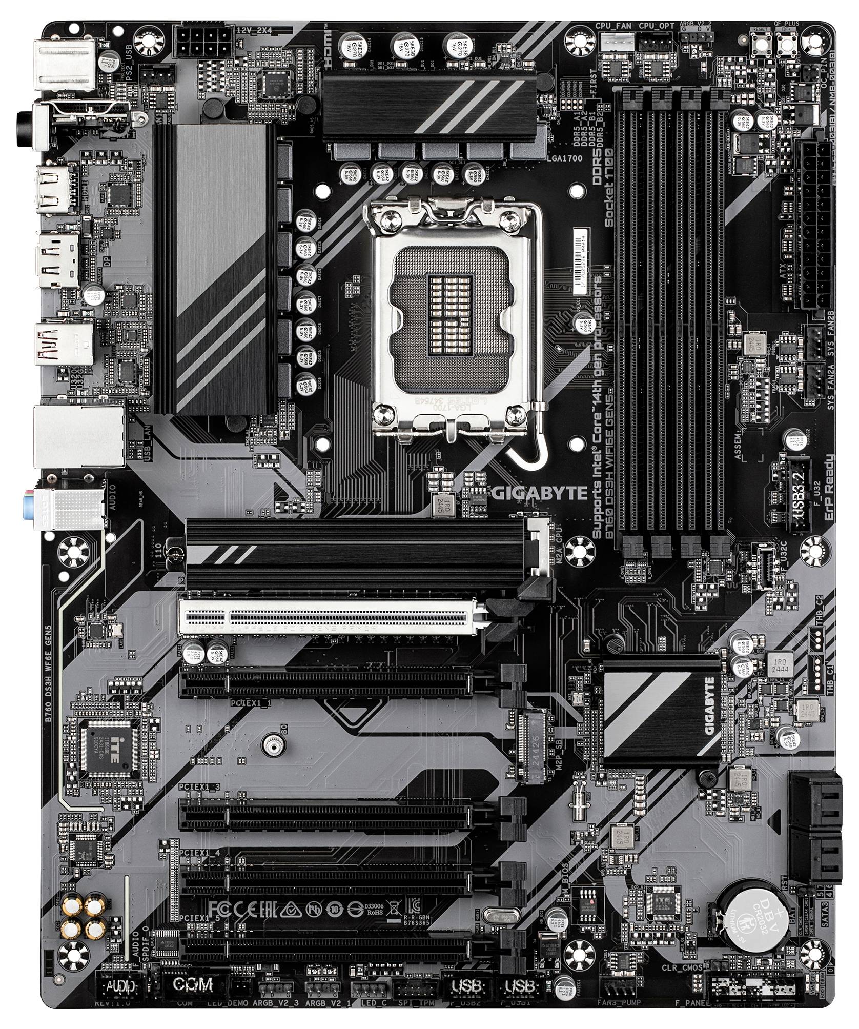 Obrázok základnej dosky Gigabyte s viacerými PCIe slotmi, slotmi pre RAM, a konektormi pre procesor, napájanie a periférne zariadenia.