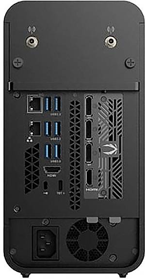Obrázok ukazuje zadný pohľad na čiernu počítačovú vežu s viacerými USB portami, HDMI portami a napájacím vstupom v spodnej časti.