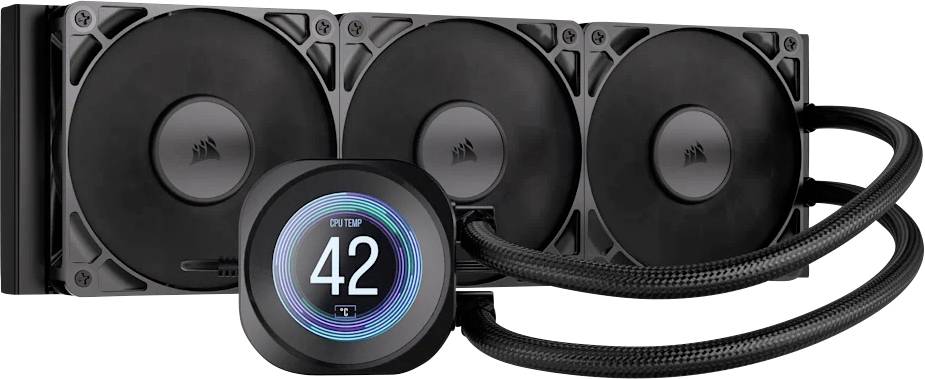 Veľký počítačový systém kvapalinového chladenia s trojitými ventilátormi a digitálnym displejom zobrazujúcim teplotu CPU 42 stupňov.