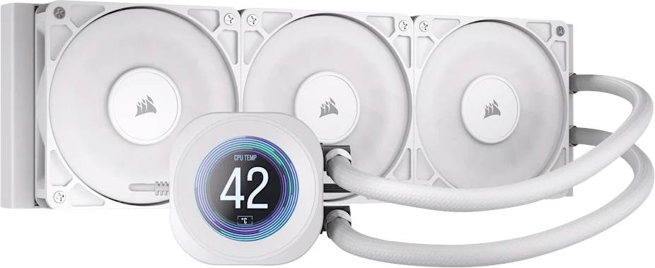 Chladič CPU so systémom kvapalinového chladenia značky Corsair Hydro Series s tromi bielymi ventilátormi a digitálnym displejom zobrazujúcim teplotu 42 stupňov, prepojený bielymi hadicami.
