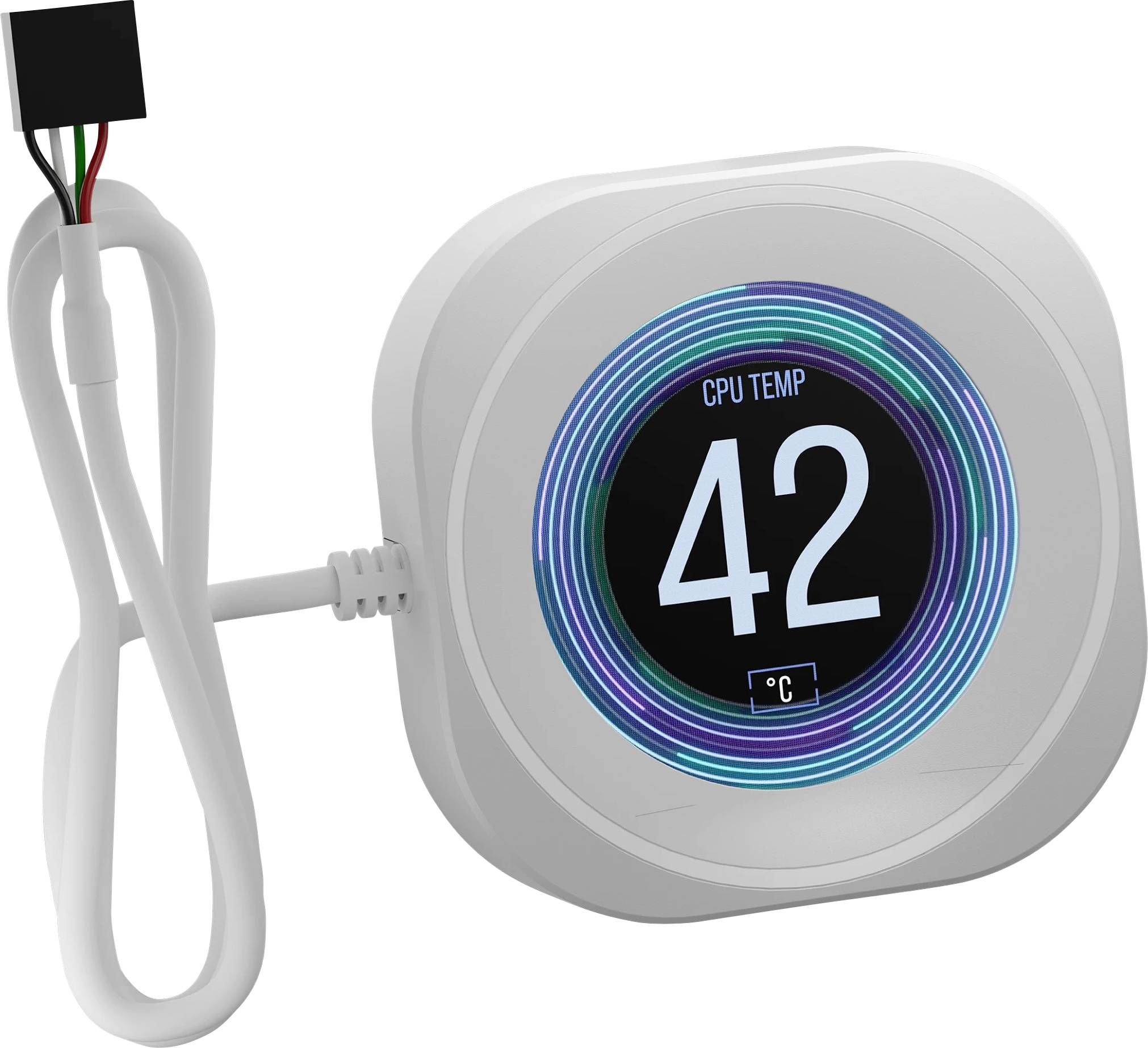 Digitálny teplomer zobrazujúci 'CPU TEMP 42°C' s pripojeným káblom, ktorý indikuje aktuálnu teplotu počítačového procesora.