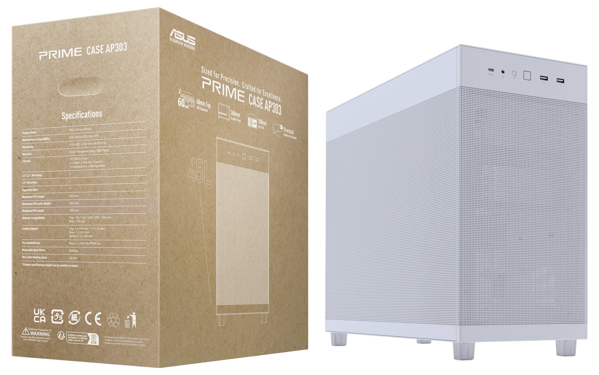 Biela skrinka ASUS Prime Case AP201 vedľa hnedej krabice s technickými parametrami a brandingom produktu.