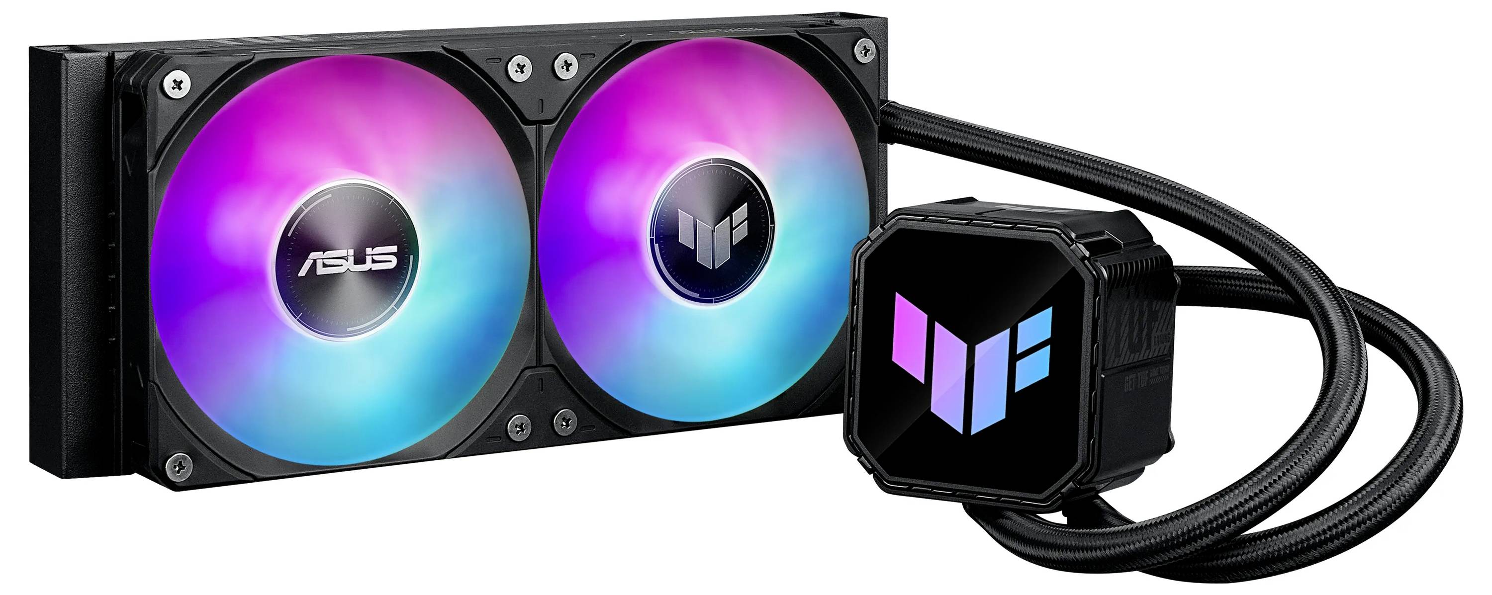 Počítačový systém kvapalinového chladenia s duálnymi RGB ventilátormi a pripojeným čerpadlom s logom TUF Gaming, určený na tepelnú reguláciu.