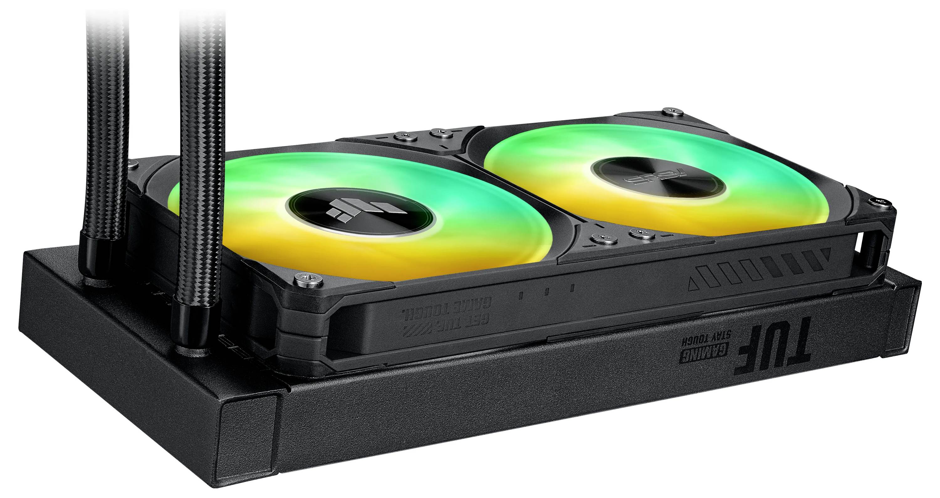 Chladič CPU s kvapalinným chladením s duálnym ventilátorom a RGB podsvietením na čiernej chladiacej jednotke, navrhnutý pre efektívne chladenie a zvýšený výkon počítača.