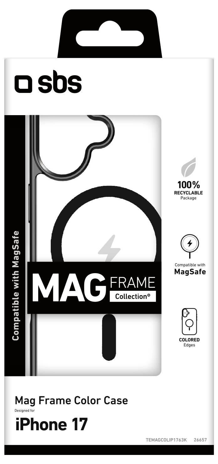 Obal na telefón s nápisom 'Mag Frame Color Case'. Zobrazuje výrez pre kameru, pričom zdôrazňuje kompatibilitu s iPhone 17 a MagSafe.
