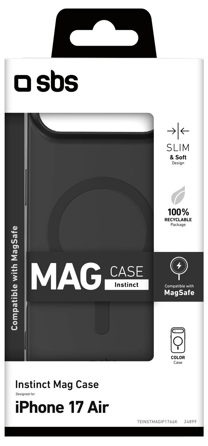 'Kryt Instinct Mag pre iPhone 17 Air od SBS, tenký & mäkký, 100% recyklovateľný, kompatibilný s MagSafe, čierna farba, pohľad spredu z obalu.'