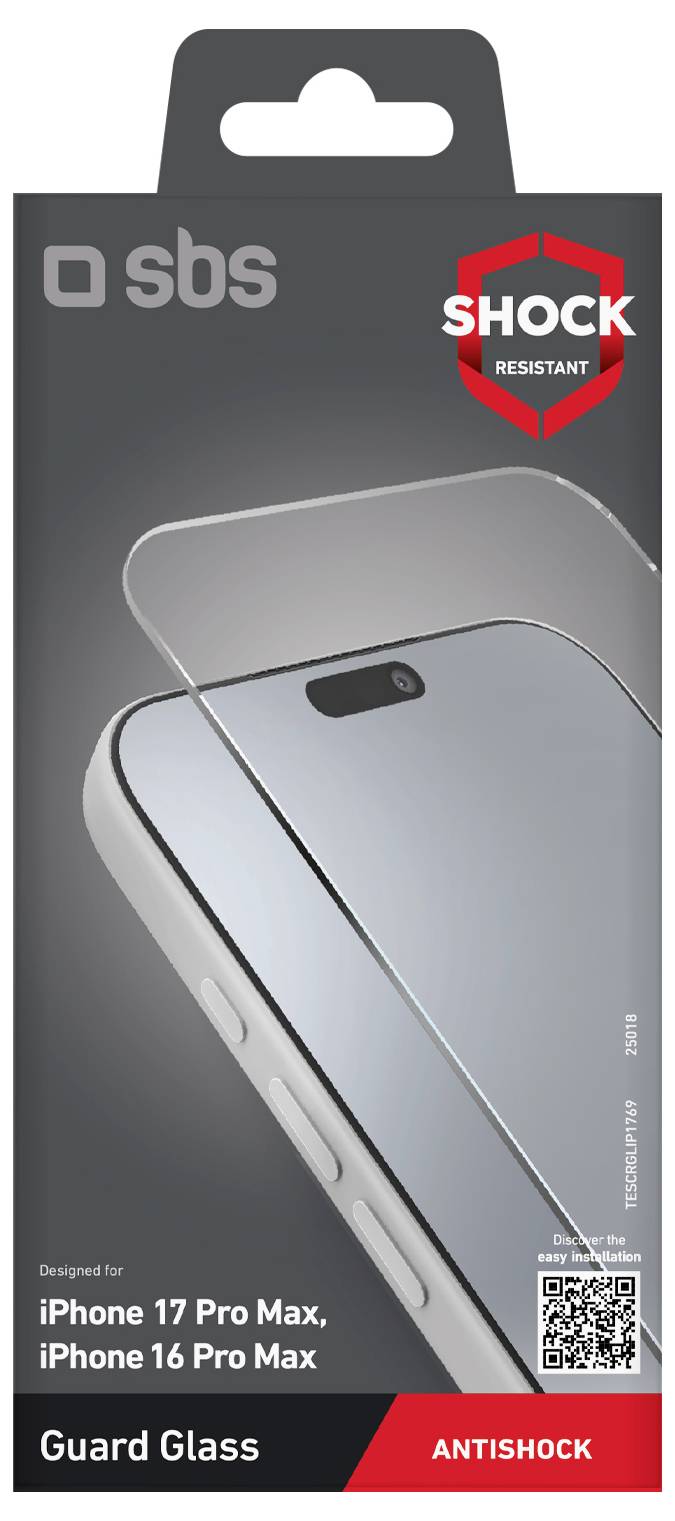 Balenie pre ochranné sklo SBS pre iPhone s obrázkom skla na modeloch iPhone, so zvýraznenými vlastnosťami 'Odolné voči nárazom' a 'Antišok'.