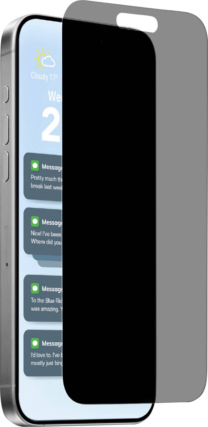 Smartfón s čiastočne nainštalovanou ochrannou fóliou na súkromie. Displej telefónu zobrazuje aplikáciu počasia a oznámenia z messaging platformy.