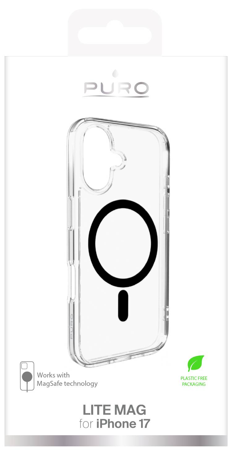 Priehľadný telefónny kryt navrhnutý pre iPhone 17 s čiernym kruhom indikujúcim kompatibilitu s MagSafe; balený v ekologických materiáloch bez plastov.