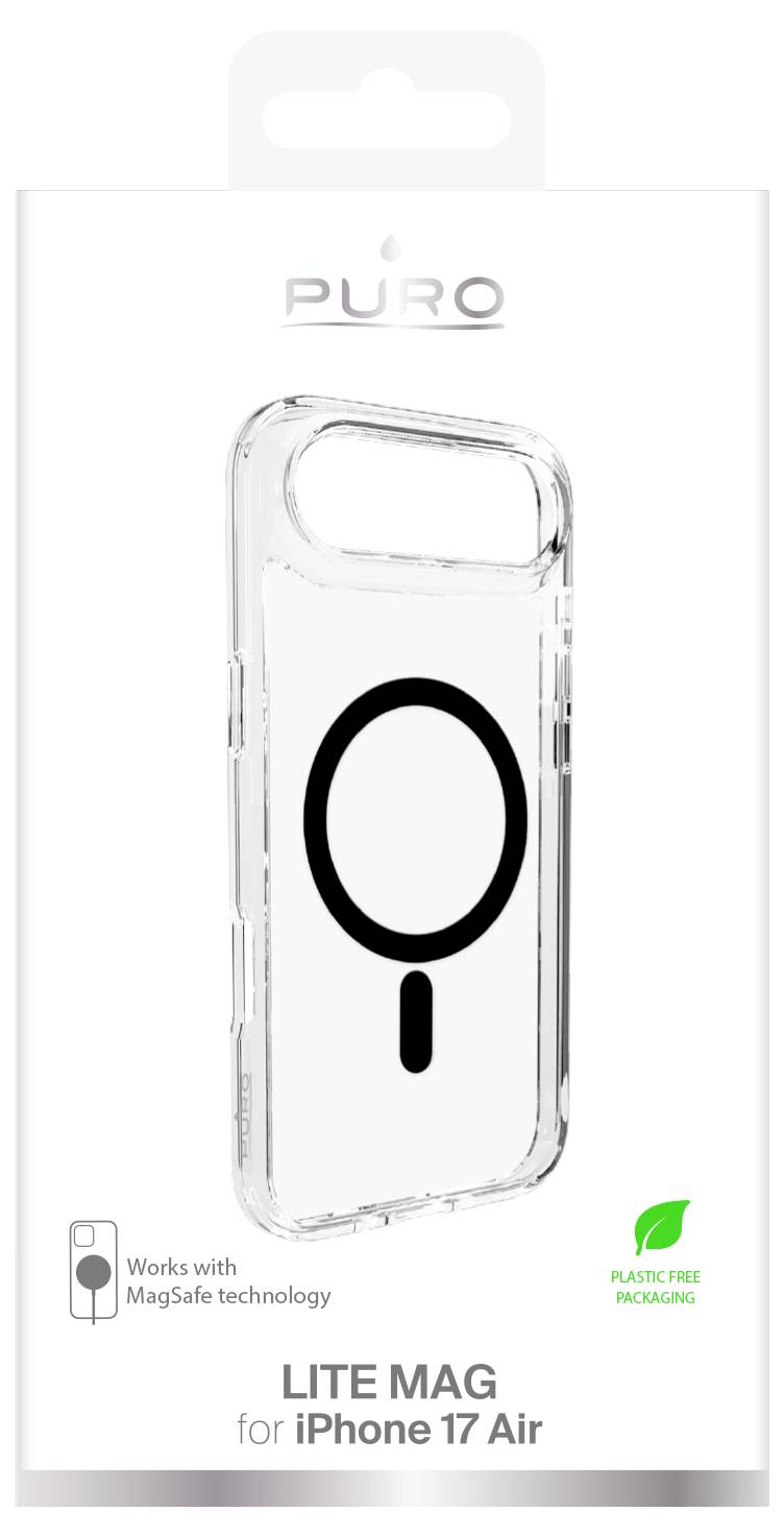 Priehľadný telefónny kryt s logom MagSafe, kompatibilný s iPhone 17 Air. Text znie 'LITE MAG' a 'Balenie bez plastov.'