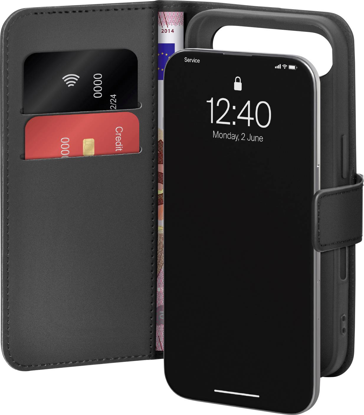 Čierny smartphone obal s dvomi slotmi na kreditné karty a vreckom. Telefón zobrazuje dátum pondelok, 2. júna a čas 12:40