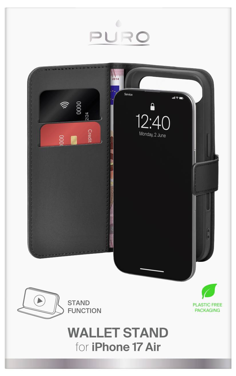 Obal na peňaženku 'Puro' pre iPhone 17 Air zobrazený otvorený so slotmi na karty a displejom telefónu. Obsahuje funkciu stojana a je zabalený v obale bez plastov.