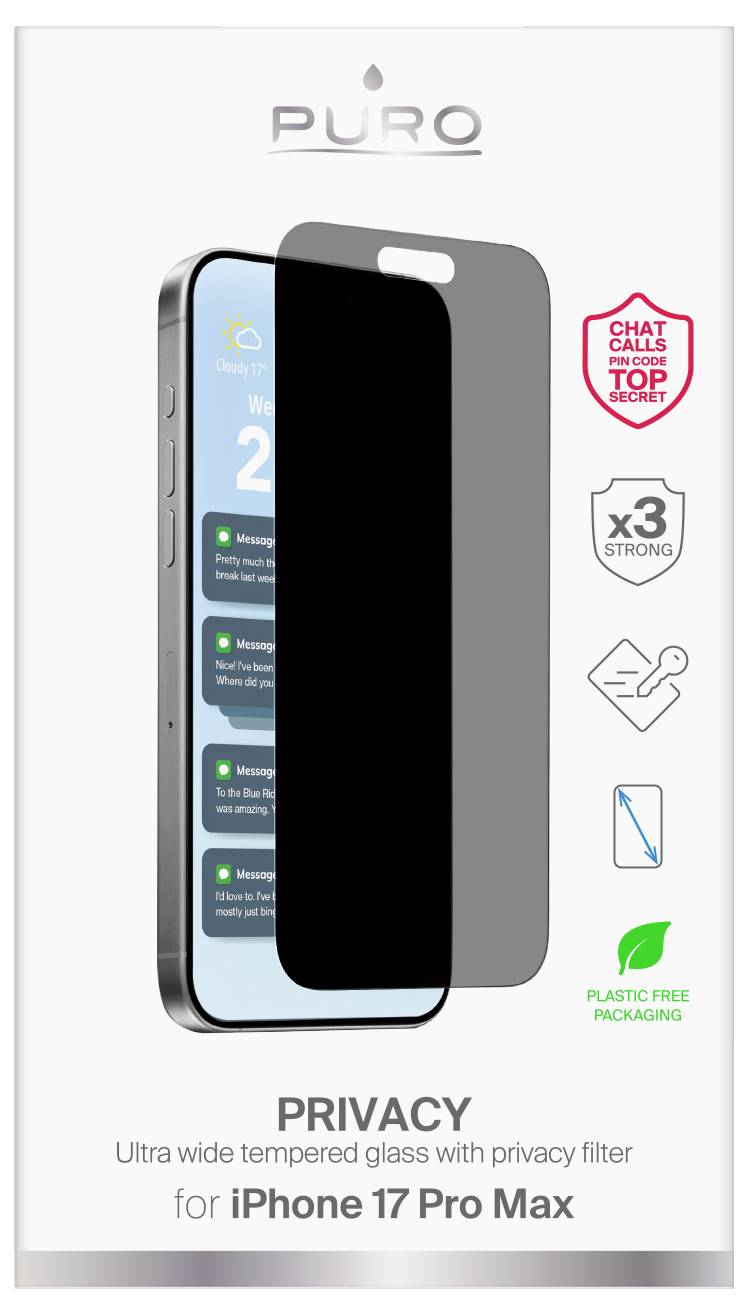 Ochranné sklo na displej 'Puro Privacy' pre iPhone 17 Pro Max. Funkcia privátneho filtra, balenie bez plastov.