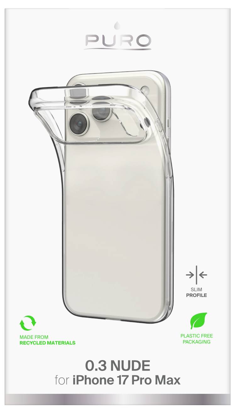 Ochranný kryt 'Puro' pre iPhone 17 Pro Max s tenkým profilom, vyrobený z recyklovaných materiálov, v balení bez plastov.
