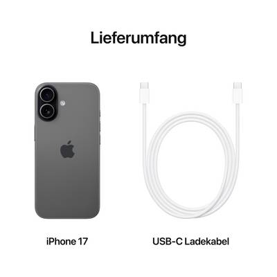 Na obrázku je sivý smartfón a biely USB-C nabíjací kábel s popiskami 'Rozsah dodávky', 'iPhone 17' a 'USB-C nabíjací kábel'.