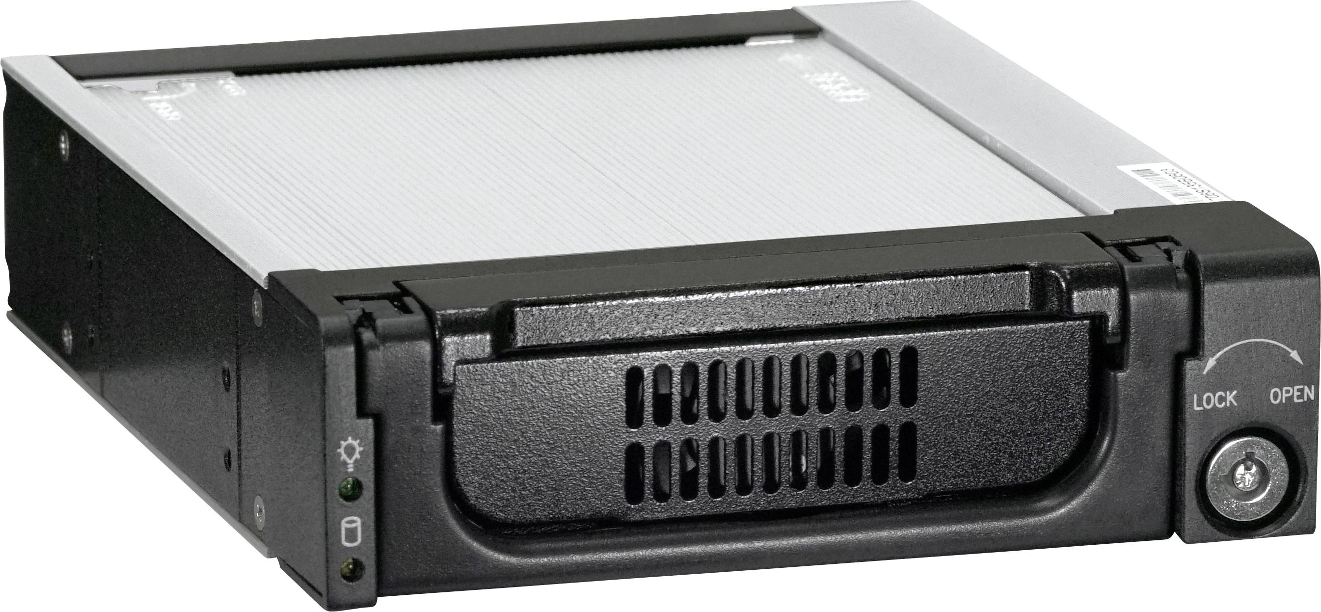 Čierny kovový rámček na pevný disk s uzamykateľným mechanizmom a vetracími otvormi vpredu, určený na bezpečnú inštaláciu do počítača.