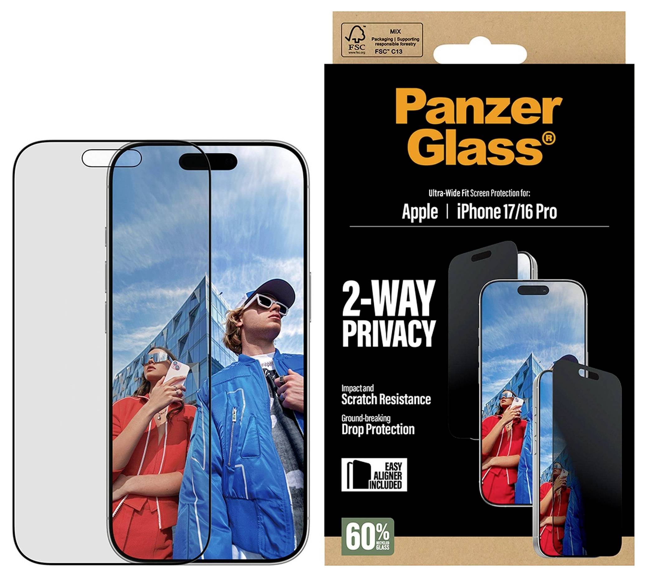 'Ochranné sklo PanzerGlass pre Apple iPhone 17/16 Pro s funkciou súkromia v dvoch smeroch, odolnosťou proti nárazu a poškriabaniu a ochranou pred pádom.'
