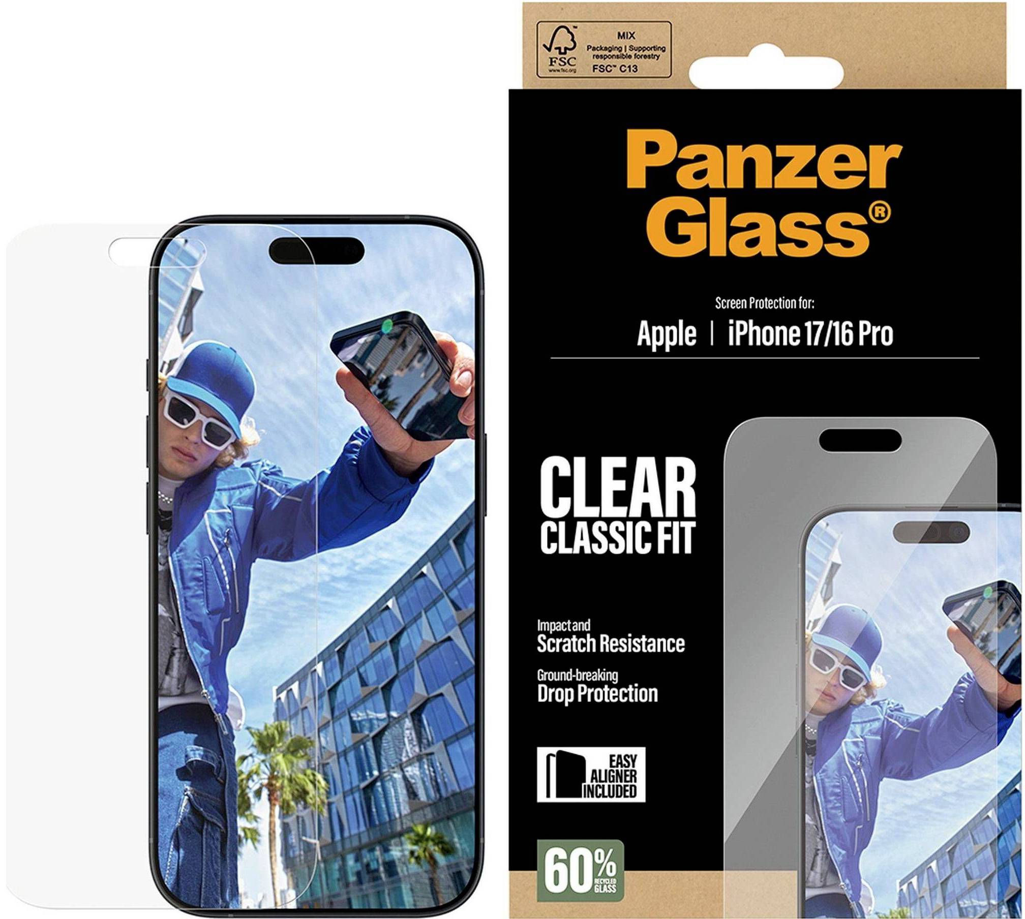 Balenie ochranného skla PanzerGlass pre Apple iPhone 17/16 Pro, ktoré zobrazuje jasné klasické prevedenie s ochranou pred nárazmi, poškriabaním a pádom, vrátane ľahkého zarovnávača, 60% skla a obrázkom telefónu na prednej strane.