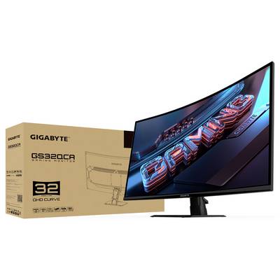 Gigabyte zakrivený herný monitor s 32-palcovou obrazovkou, na ktorom je slovo "GAMING" zobrazené neónovými farbami, vedľa jeho obalu.