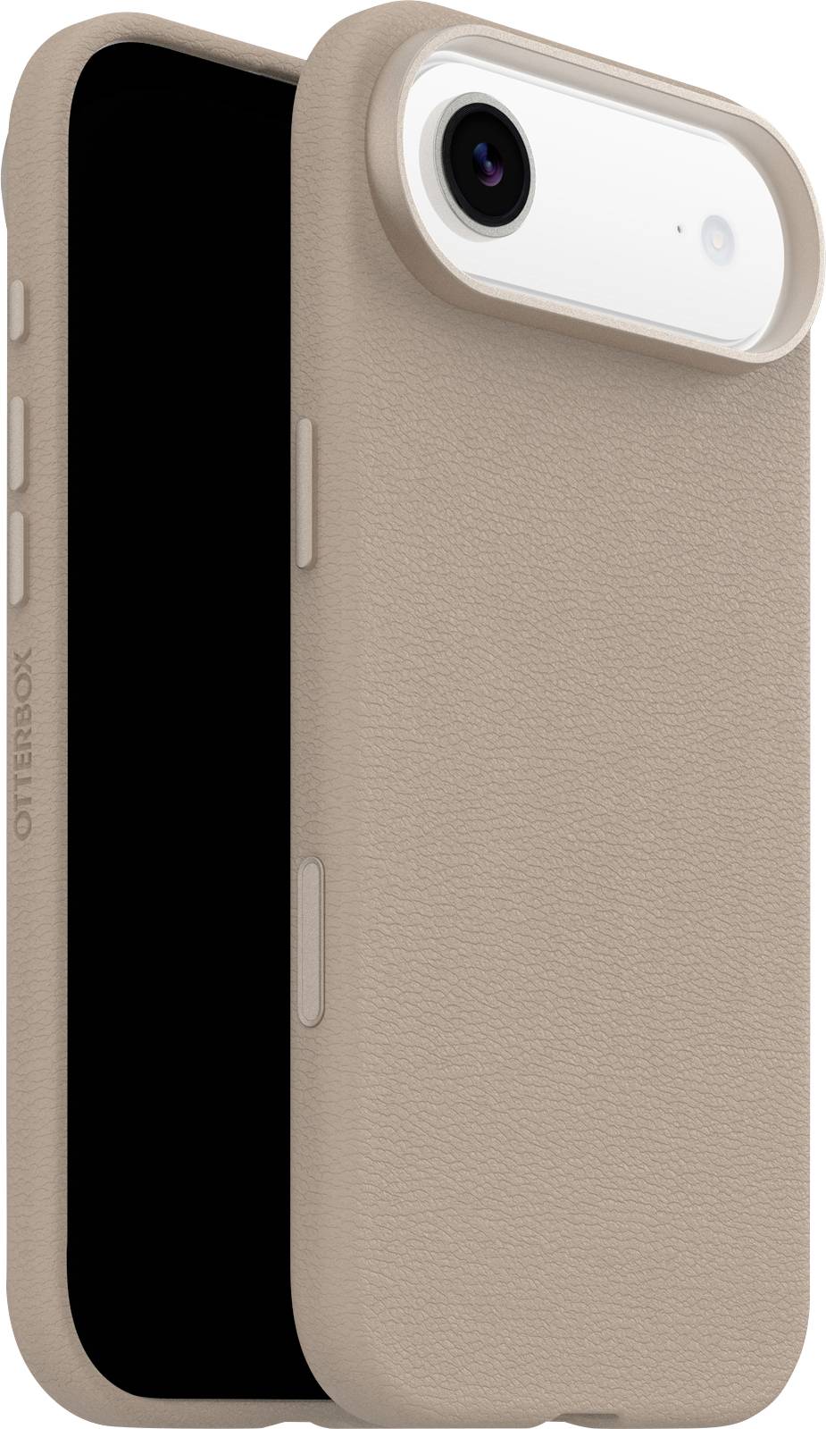 Béžový ochranný kryt OtterBox na telefón s textúrovaným povrchom, čiastočne otvorený, aby odhalil telefón s výrezom pre fotoaparát.