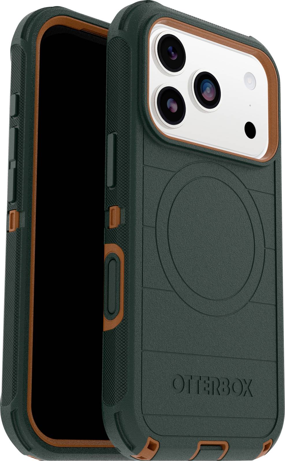 Odolný smartfónový kryt v zeleno-oranžovej farbe s výrezom pre fotoaparát a textom 'OtterBox' vygravírovaným na zadnej strane, navrhnutý pre maximálnu odolnosť.