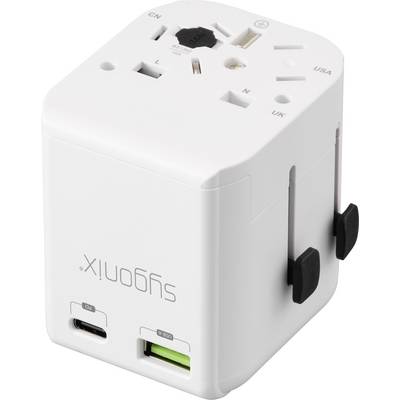 Biely cestovný adaptér s viacerými typmi zásuviek pre globálne použitie, vrátane USA, UK, EU a USB portov.