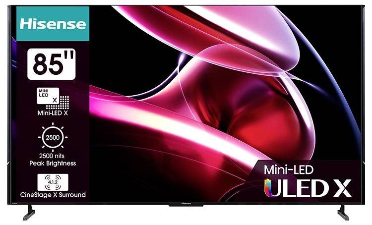 Hisense 85-palcový Mini-LED televízor s maximálnym jasom 2500 nitov, zobrazujúci živé, abstraktné červené a ružové víry na obrazovke.