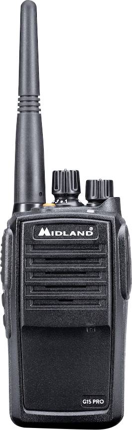 Čierna vysielačka Midland G15 Pro s dlhou anténou, dvoma ovládacími gombíkmi a reproduktorovou mriežkou vpredu.