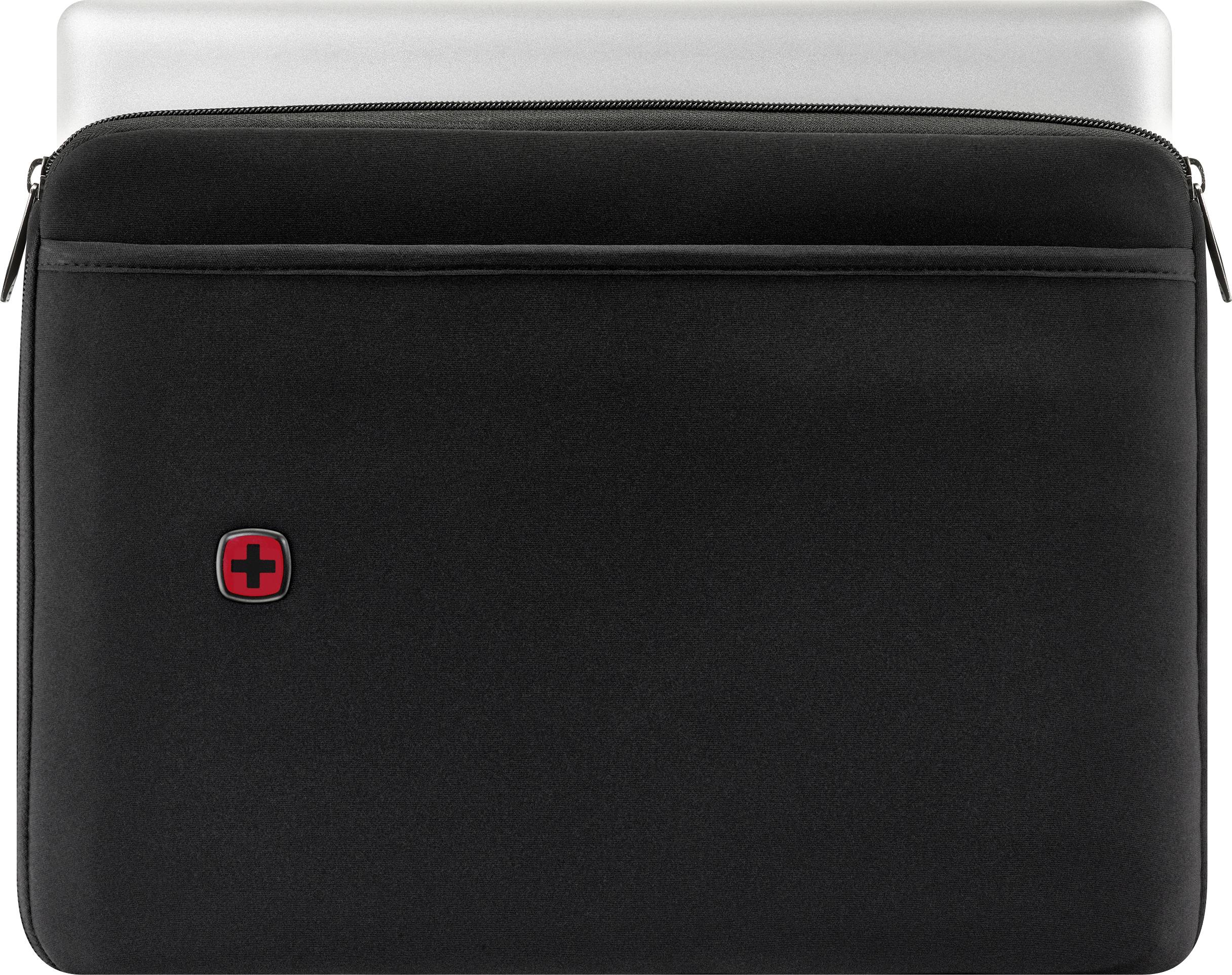 Čierne puzdro na notebook s červeným logom v tvare kríža vpredu. Strieborný notebook je čiastočne viditeľný vnútri púzdra.