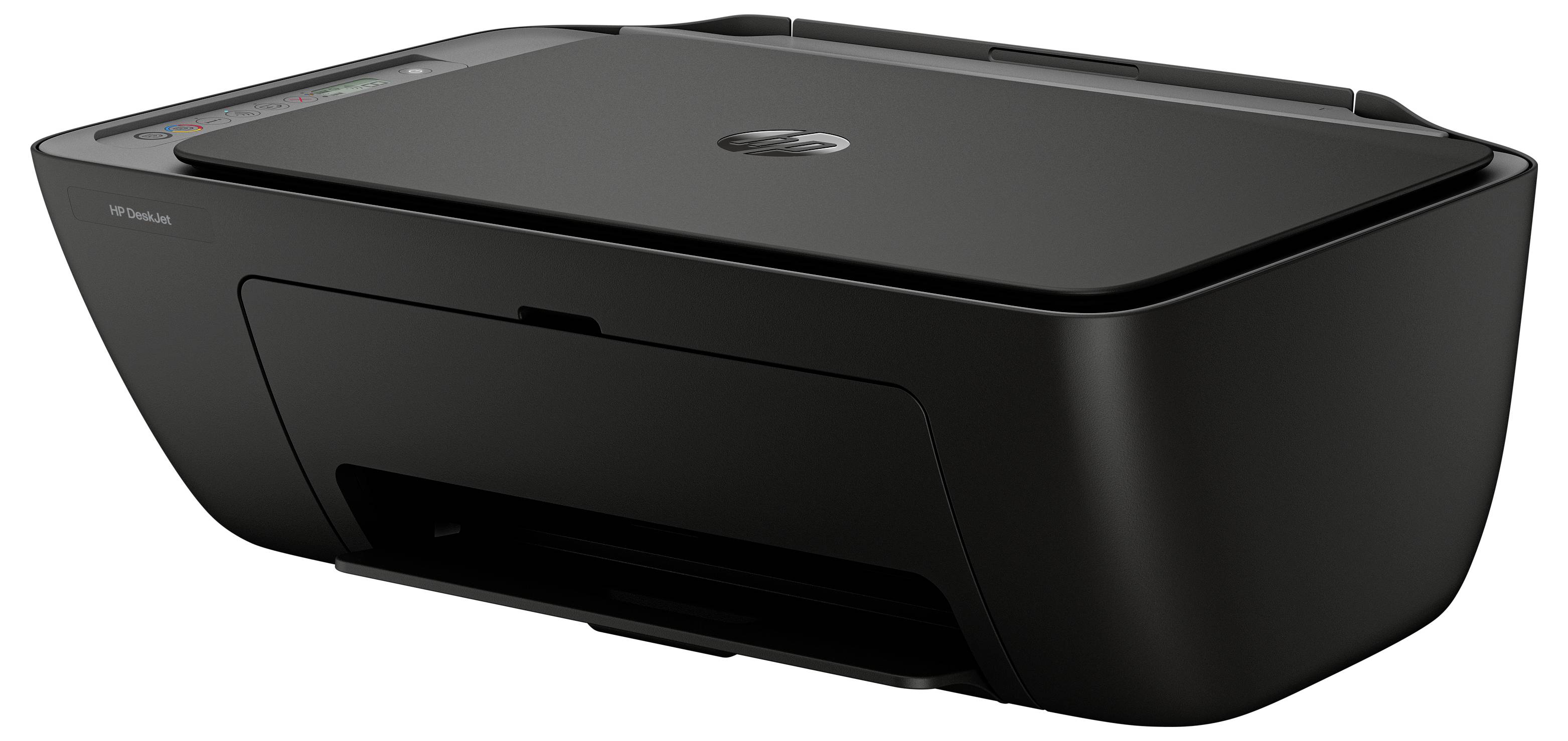 Čierna tlačiareň HP DeskJet s podnosom na papier a ovládacím panelom, vhodná na domáce alebo kancelárske použitie.