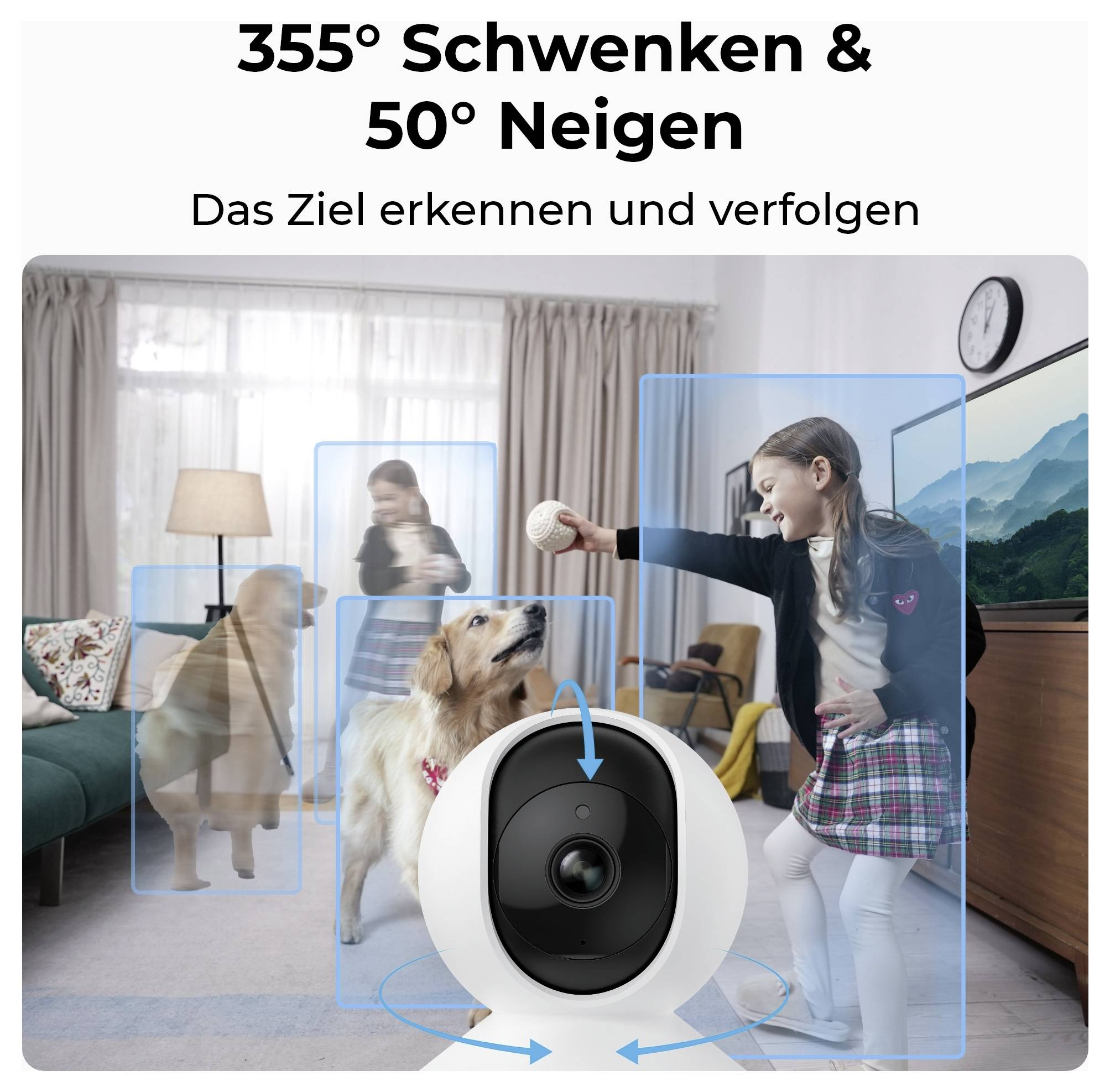 Reklamný obrázok otočnej a sklápateľnej bezpečnostnej kamery s 355° otáčaním a 50° sklonom, ktorá sleduje dieťa a dvoch psov v obývacej izbe.