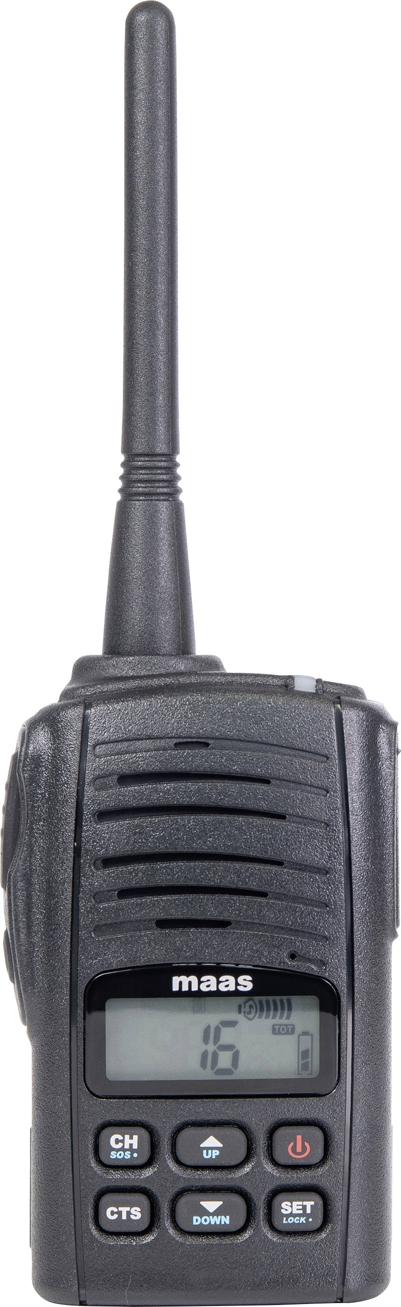 Čierna prenosná rádiostanica s anténou, na ktorej displeji je zobrazené číslo '16'. Na prednej strane sú tlačidlá označené ako 'CH', 'SCAN', 'SET'.