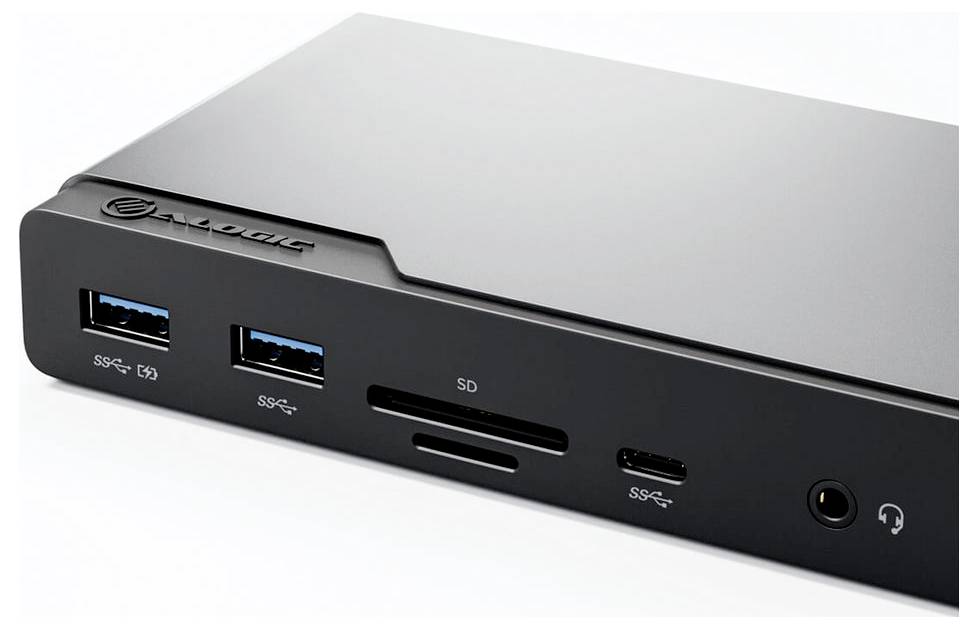 Čierna dokovacia stanica s dvoma USB portami, jedným slotom na SD kartu, portom USB-C a jackom pre slúchadlá na prednom paneli.