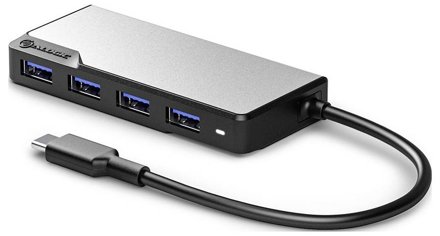 Kompaktný USB hub so štyrmi USB 3.0 portami a pripojeným USB-C káblom, navrhnutý na rozšírenie konektivity kompatibilných zariadení.