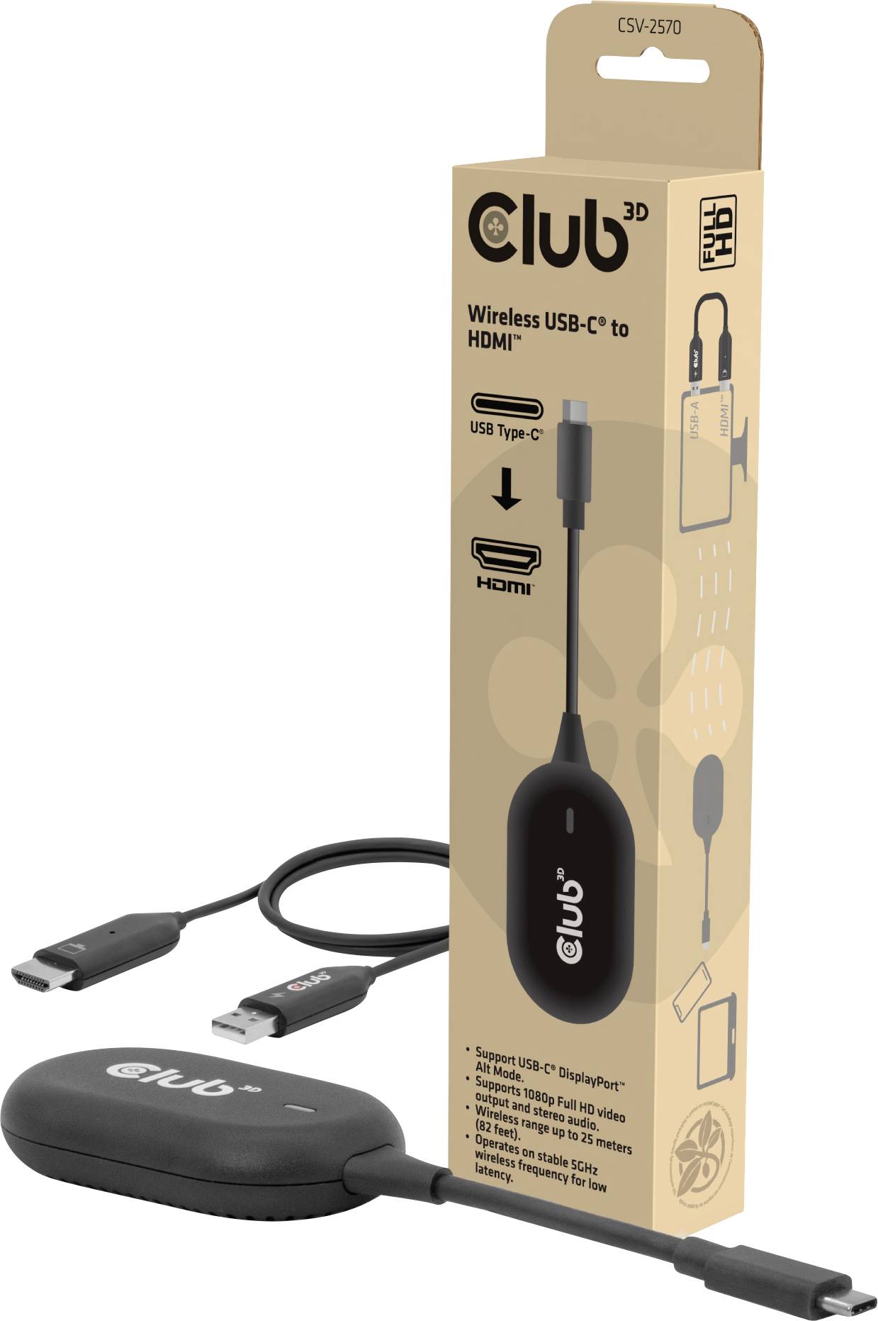 'Club 3D' bezdrôtový USB-C na HDMI adaptér a jeho balenie, ktorý zobrazuje dizajn adaptéra a hlavné funkcie vrátane DisplayPort, HDMI a USB Type-C.