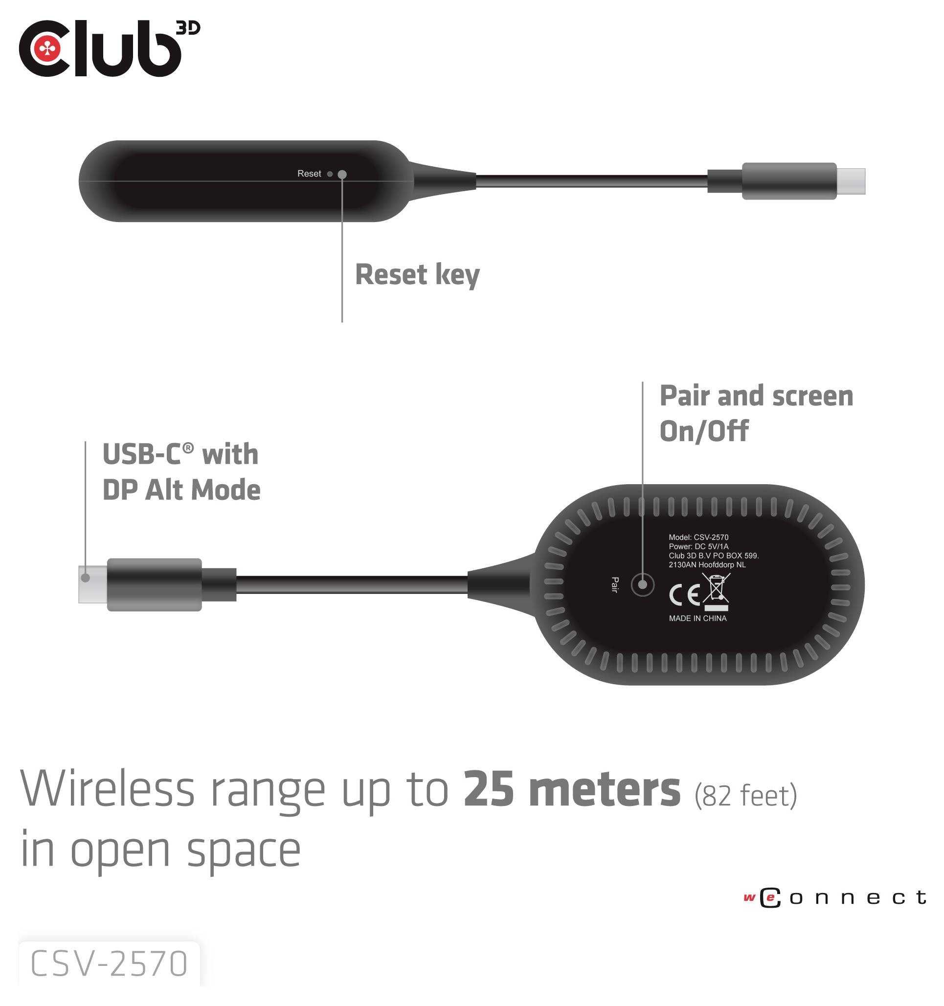 Diagram znázorňujúci zariadenie USB-C® s DP Alt Mode, resetovacím kľúčom, tlačidlom párovania a tlačidlom zapnutia/vypnutia obrazovky. Bezdrôtový dosah až 25 metrov (82 stôp).