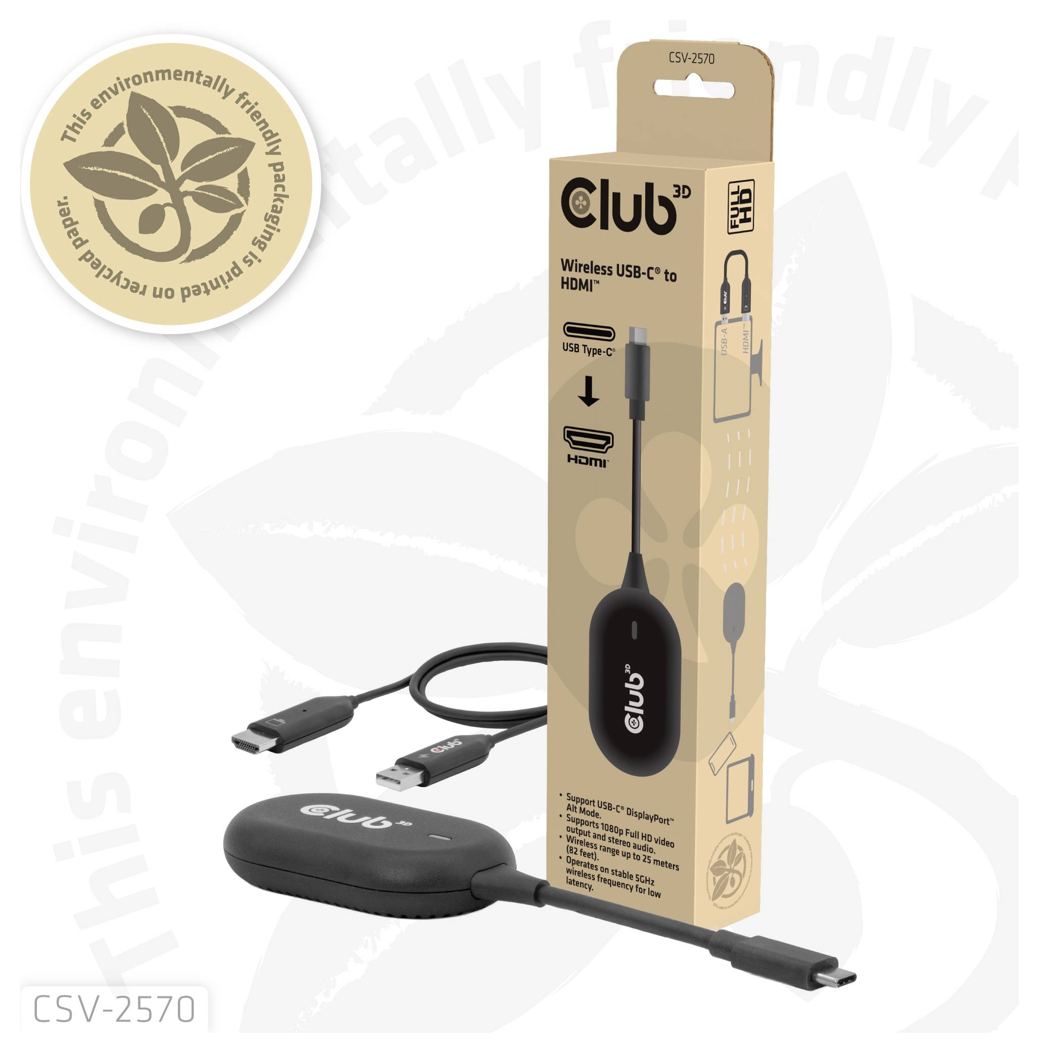Adaptér Club3D Wireless USB-C na HDMI s portmi USB Type-C a HDMI, zobrazený s obalom. Vhodný na pripojenie zariadení k displejom HDMI.