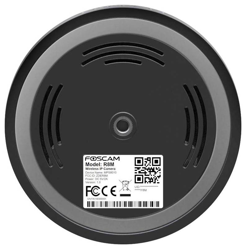 Spodný pohľad na bezdrôtovú IP kameru Foscam R8M, zobrazujúci ventilačné otvory a štítok s názvom modelu, sériovým číslom a QR kódom.
