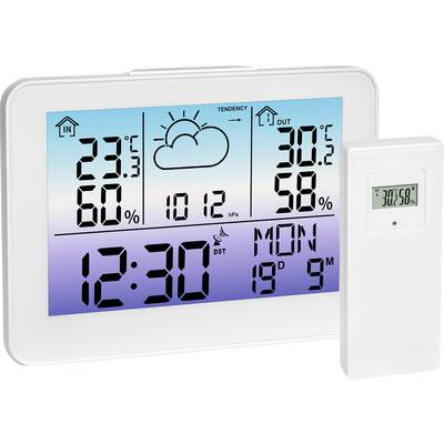 Digitálna meteorologická stanica zobrazuje vnútornú teplotu 23,5°C, vlhkosť 60 %, vonkajšiu teplotu 30,2°C, vlhkosť 58 %. Funkcie predpovede počasia vrátane oblačnosti, tlakomer ukazuje 1012 hPa, čas je 12:30.