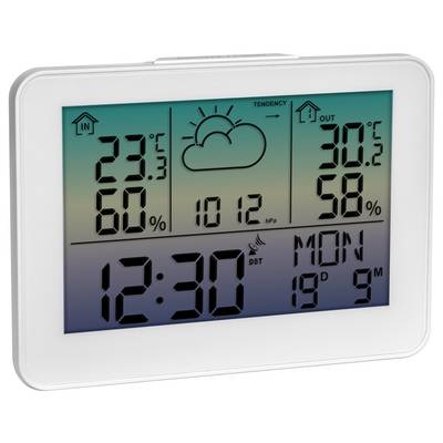 Digitálny displej meteorologickej stanice zobrazuje vnútornú teplotu 23°C, vlhkosť 60%, vonkajšiu teplotu 30°C, vlhkosť 58%, čas 12:30, tlak 1012 hPa.